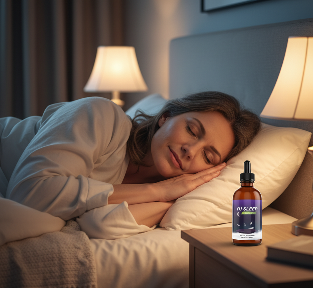 Yu Sleep bottle on a nightstand next to someone sleeping peacefully